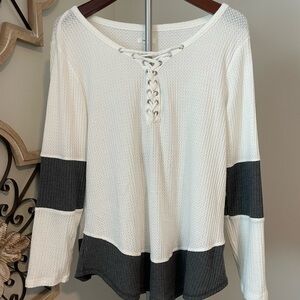 Maurices Black and White Ribbed Long Sleeve Blouse with Tie Front